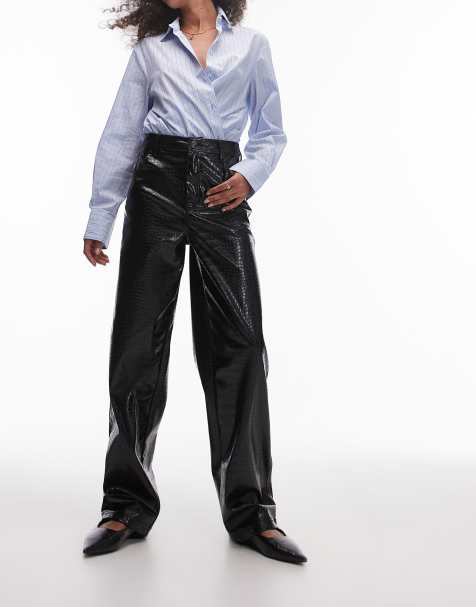 Topshop high rise straight leg faux leather pants in black croc - view 1