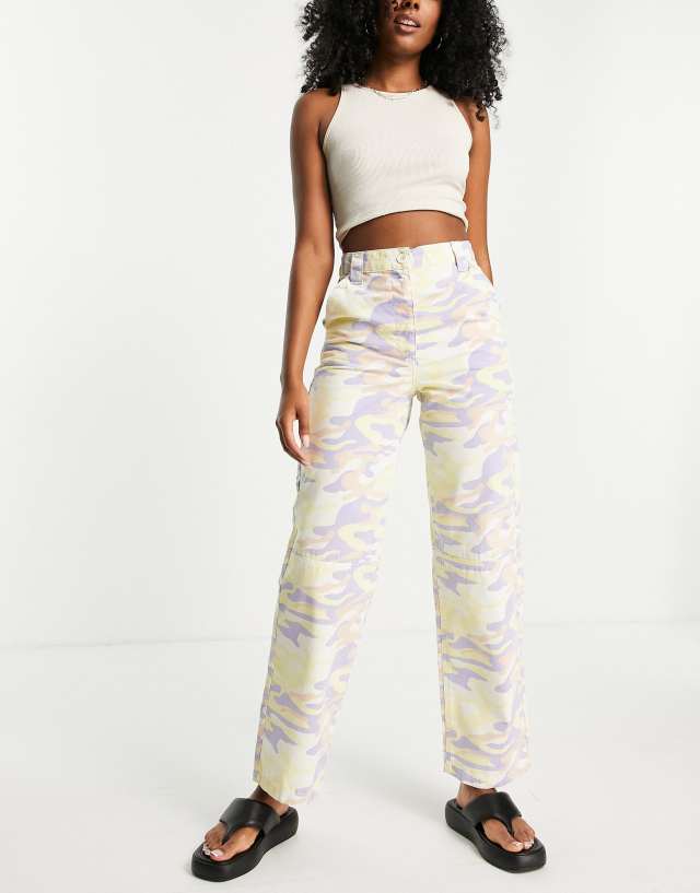 Topshop high rise straight leg utility pants in pastel camo print