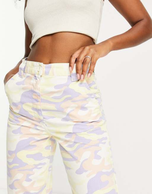 Topshop high rise straight leg utility pants in pastel camo print