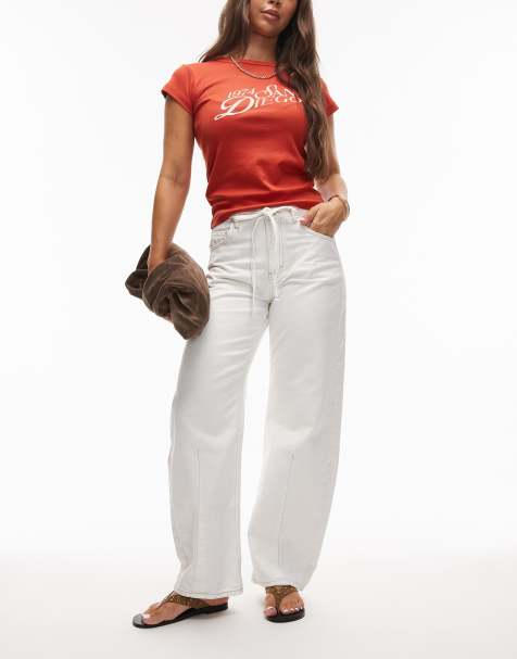 Topshop high rise tie belt barrel jean in white - view 1