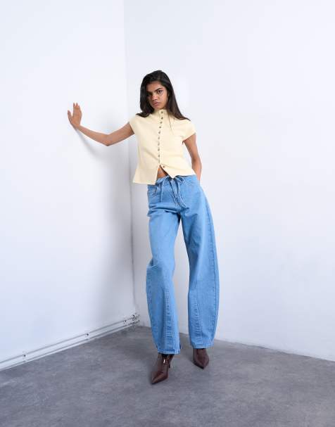 Topshop high rise tie belt barrel jeans in bleach - view 1