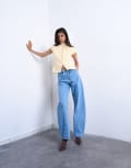 [Topshop] Topshop high rise tie belt barrel jeans in bleach-Blue W30 L32 BLUE