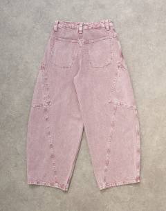 Model wearing High rise utility barrel jean in lilac