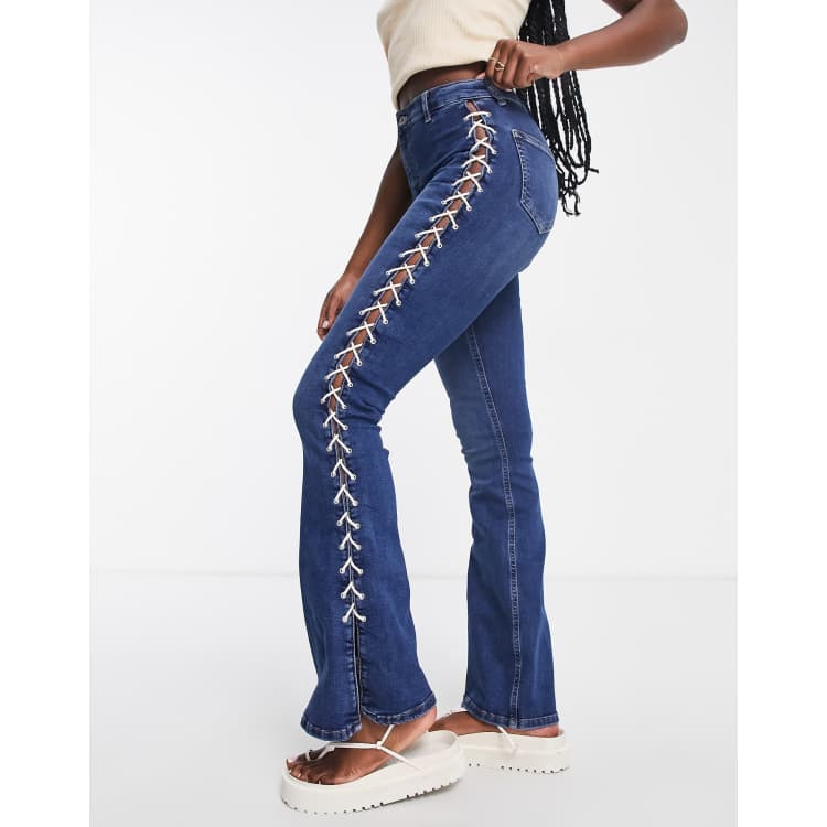 Topshop high rise Y2K lace up Jamie flare jeans in indigo | ASOS