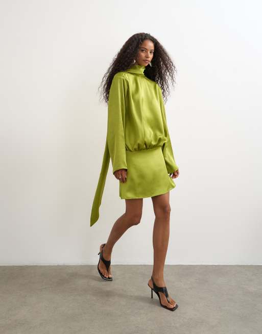 Topshop high scarf tie neck satin mini dress in green, 2 of 4
