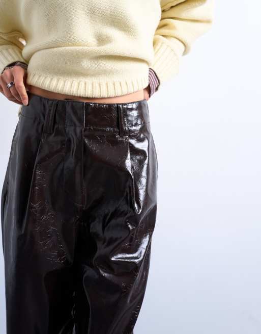 Topshop high shine high waist faux leather pleated straight leg pants in brown