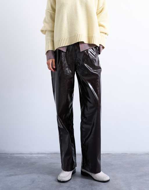 Topshop high shine high waist faux leather pleated straight leg pants in brown