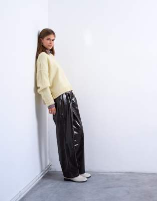 Topshop High Shine High Waist Faux Leather Pleated Straight Leg Trouser In Brown
