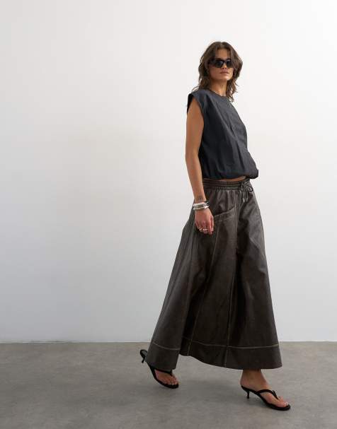 Topshop high shine leather look midi skirt with side pockets in washed brown - view 1