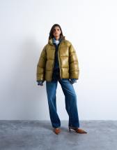 Topshop high shine mid length funnel neck puffer jacket in khaki