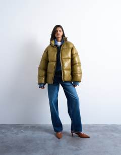 High shine mid length funnel neck puffer jacket in khaki