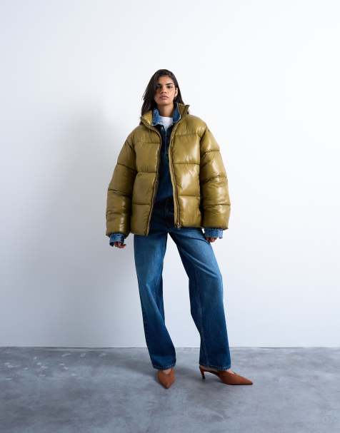 Topshop high shine mid length funnel neck puffer jacket in khaki
