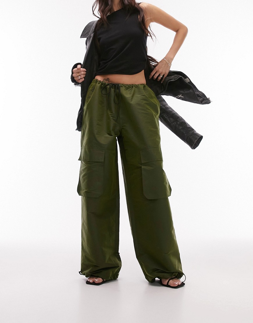 Topshop high shine oversized balloon parachute trouser with pockets in khaki-Green