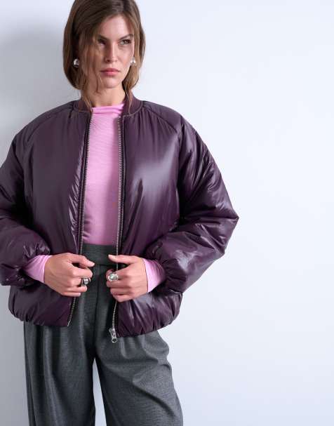 Topshop high shine padded bomber jacket in aubergine - view 1
