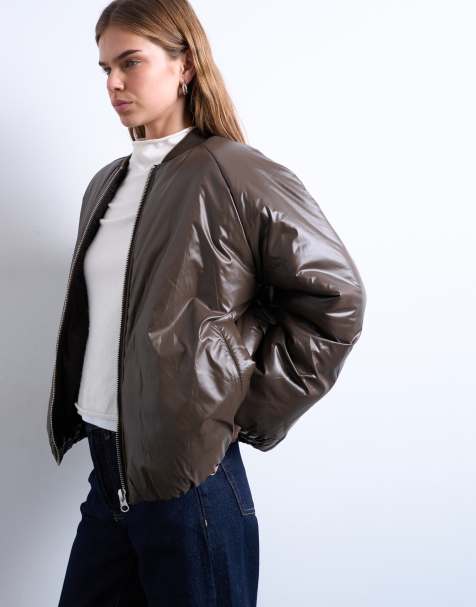 Topshop high shine padded bomber jacket in chocolate - view 1