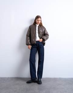 Model wearing High shine padded bomber jacket in chocolate