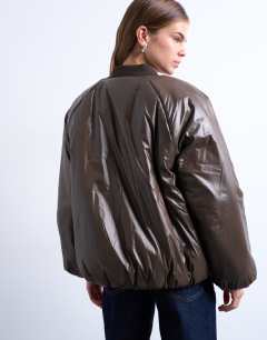 Model wearing High shine padded bomber jacket in chocolate