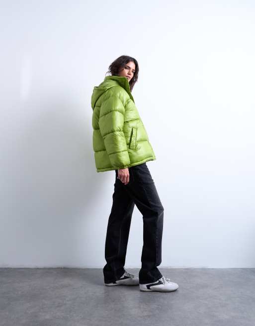 Topshop High shine ripstop funnel neck puffer jacket in bright green, 2 of 4