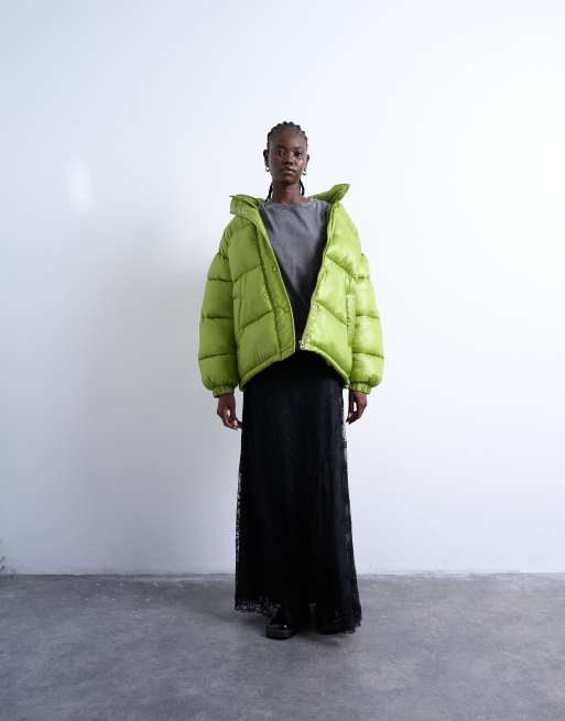 Topshop high shine ripstop puffer jacket in bright green