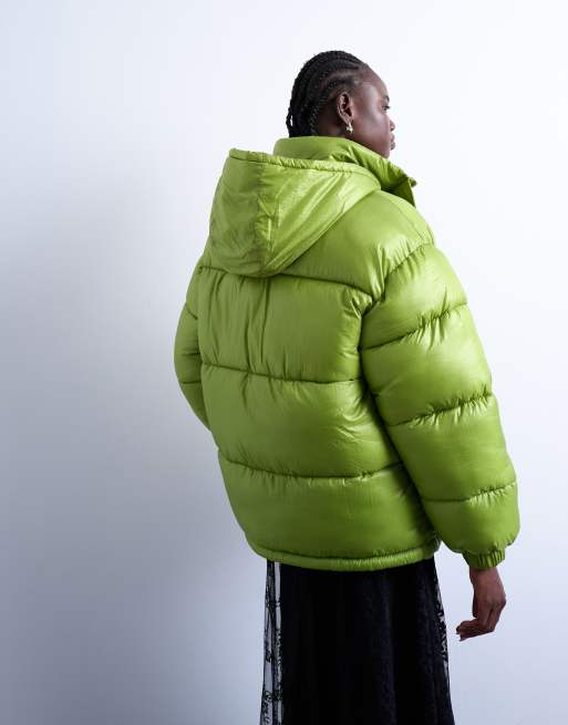 Topshop high shine ripstop puffer jacket in bright green