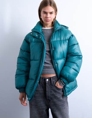 Topshop High Shine Ripstop Puffer Jacket In Green
