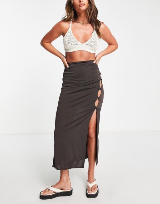 Topshop high slit button through slinky midi skirt in chocolate