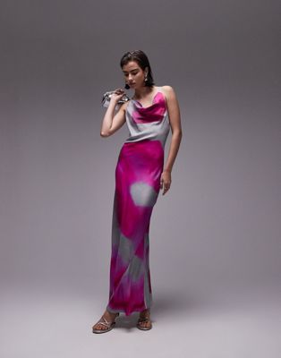 Topshop high square neck maxi dress in pink blurred print