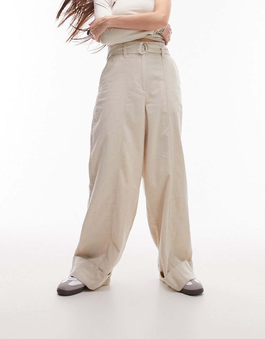 Topshop High Waist Belted Wide Leg Pants With Turn Back Hem In Ecru-white