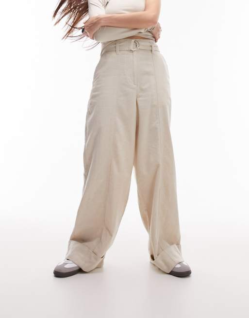 Express Womens Straight Leg Pants Beige High Rise Pockets Flat