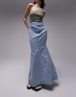 high waist denim fishtail skirt in bleach-Blue