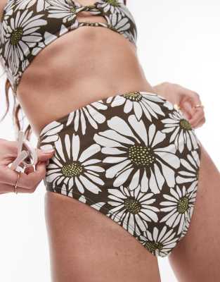 Topshop High Waist High Leg Bikini Bottoms In Khaki Daisy Print-multi