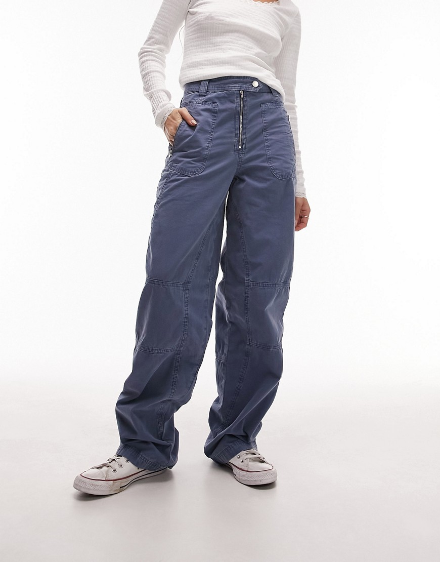 Topshop high waist moto waist seamed straight leg trouser in blue