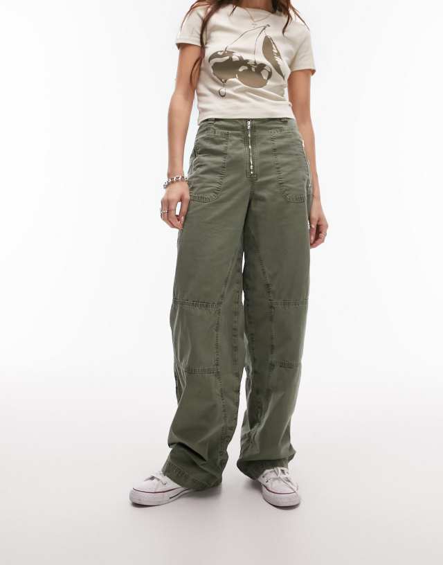 Topshop - high waist moto waist seamed straight leg trouser in khaki