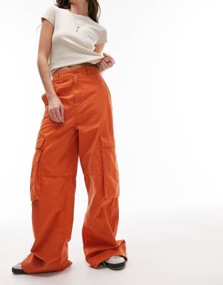 TOPSHOP HIGH WAIST OVERSIZED STRAIGHT LEG POCKET CARGO PANTS IN ORANGE