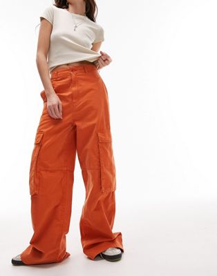 Topshop high waist oversized straight leg pocket cargo trouser in orange - ASOS Price Checker