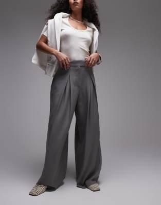 Topshop high waist pleated extreme wide leg tailored pants in gray-Black