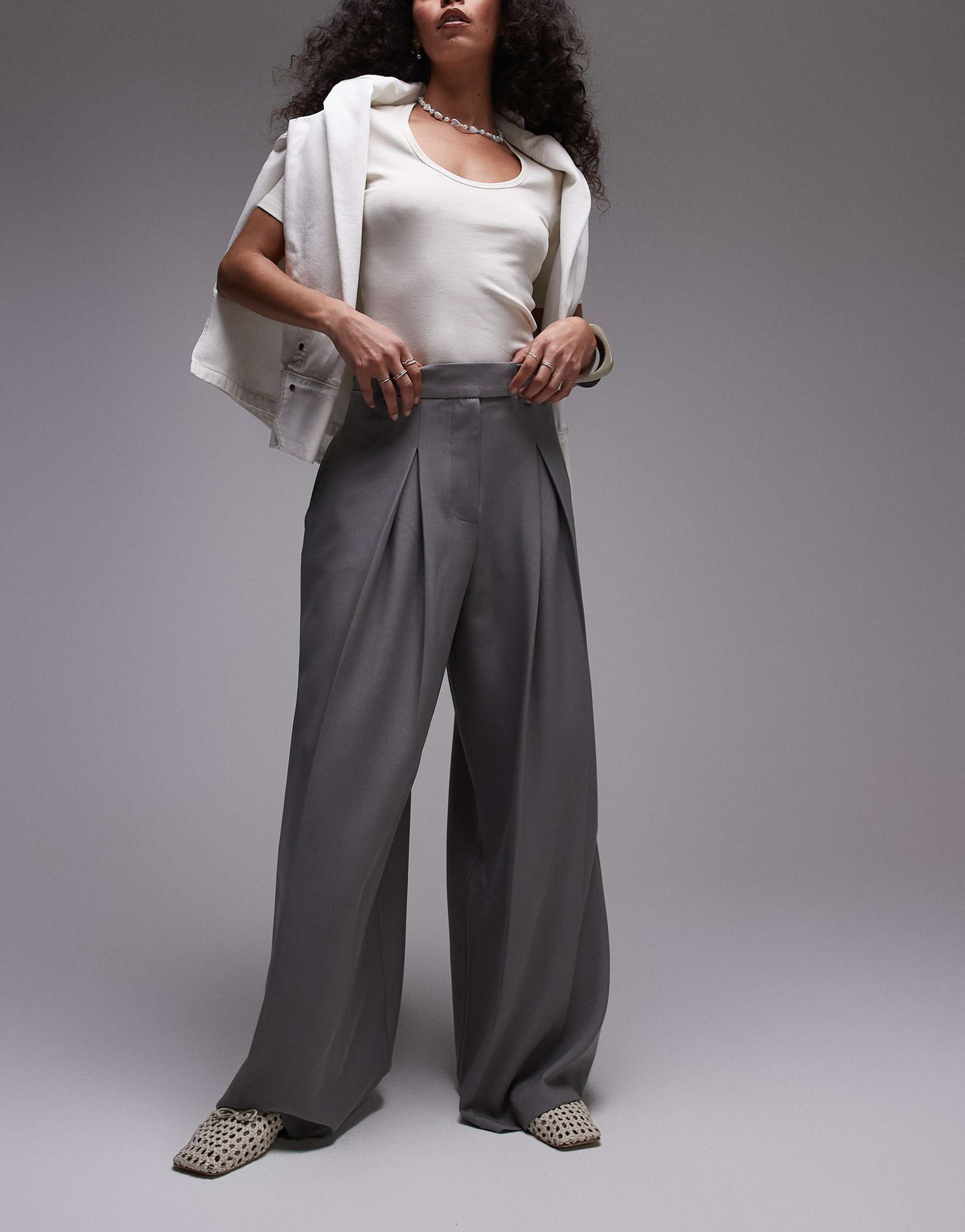 topshop high waist pleated extreme wide leg tailored pants in gray