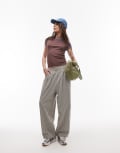 [Topshop] Topshop high waist pull on mini check tapered pants in brown-Multi S multi