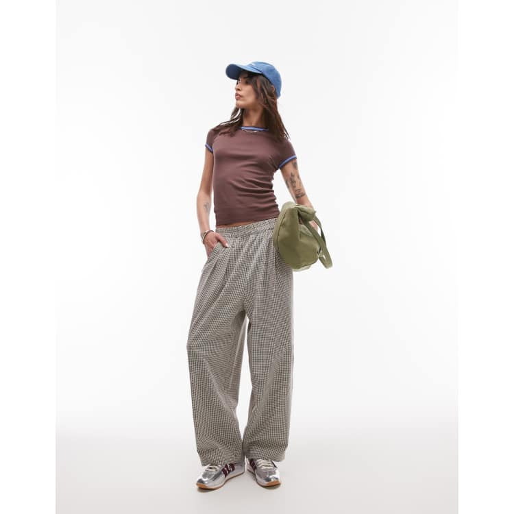 Topshop high waist pull on mini check tapered trouser brown | ASOS