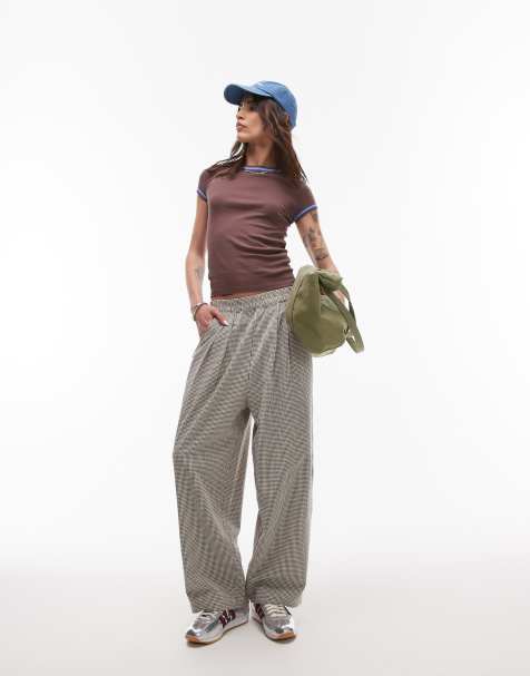 Topshop high waist pull on mini plaid tapered pants in brown - view 1