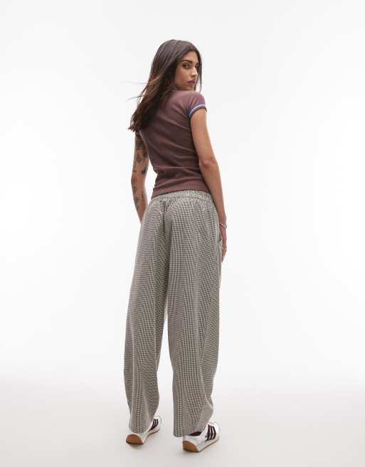 Topshop high waist pull on mini plaid tapered pants in brown | ASOS