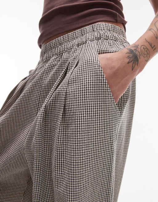 Topshop high waist pull on mini plaid tapered pants in brown | ASOS