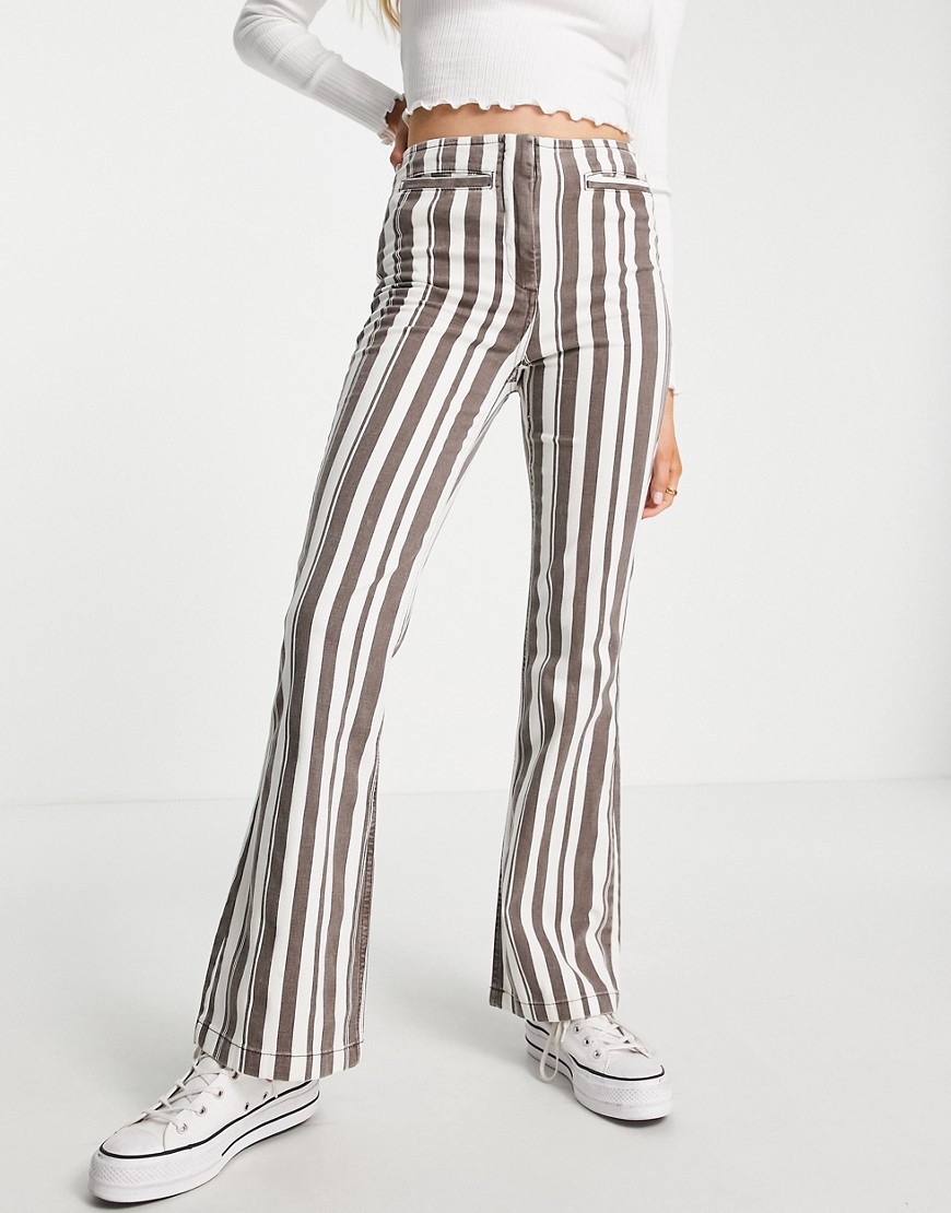 Topshop high waist stripe print flared pants with front pockets in Chocolate-Brown