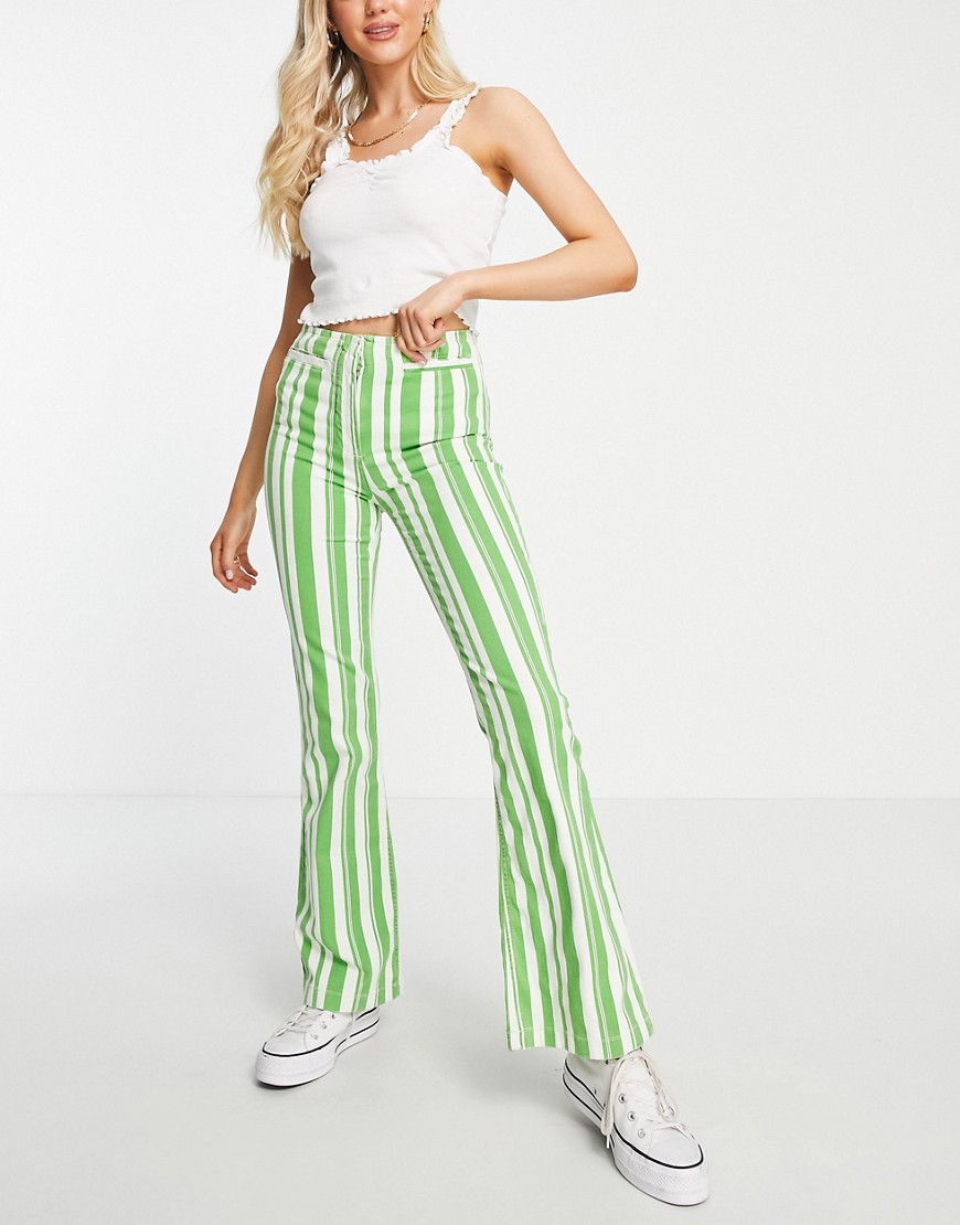 Topshop high waist stripe print flared pants with front pockets in green