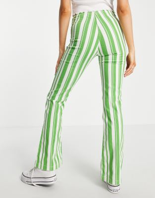 Topshop high waist stripe print flared trouser with front pockets in green