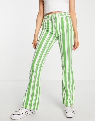 Topshop high waist stripe print flared trouser with front pockets in green