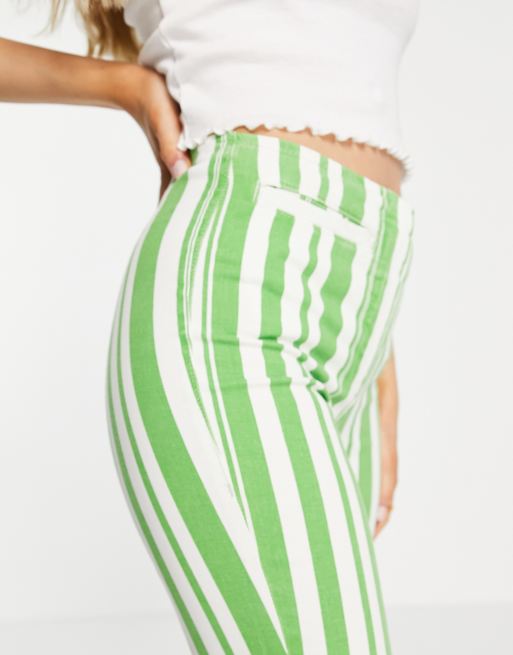 Topshop high waist stripe print flared trouser with front pockets in green