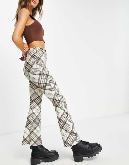 Topshop high-waisted bengaline flared pants in check print