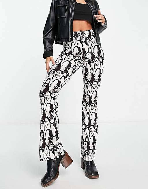 Trousers & Leggings Topshop high waisted bengaline flared trouser in graphic face print 
