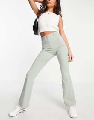 Topshop high waisted bengaline flared trouser in sage - ASOS Price Checker